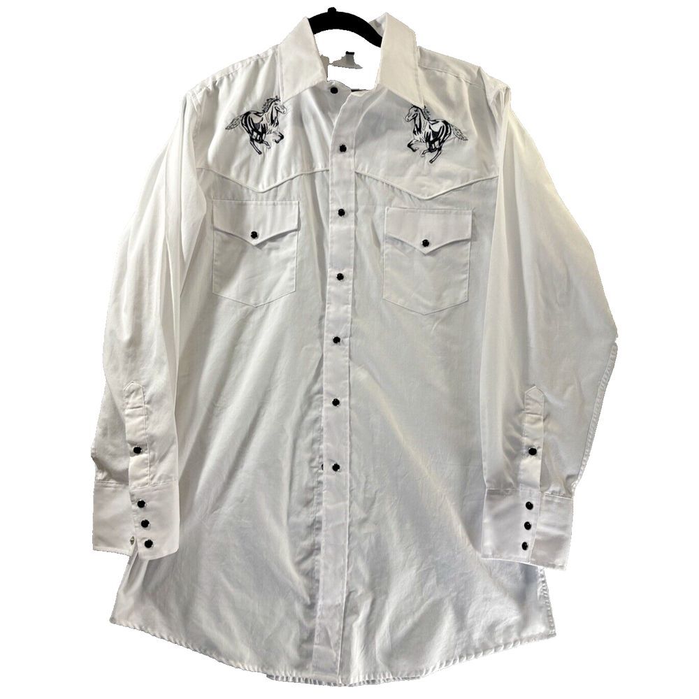 White‎ Horse Men Medium Western Shirt Cowboy Cut Horse Embroidery Rockabilly